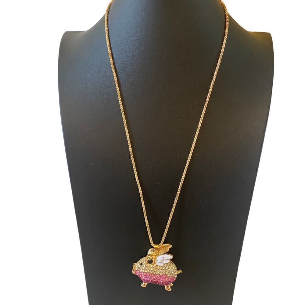 Sparkly Adorable Flying Pig Necklace on Long Gold Toned Chain. - Picture 5 of 8
